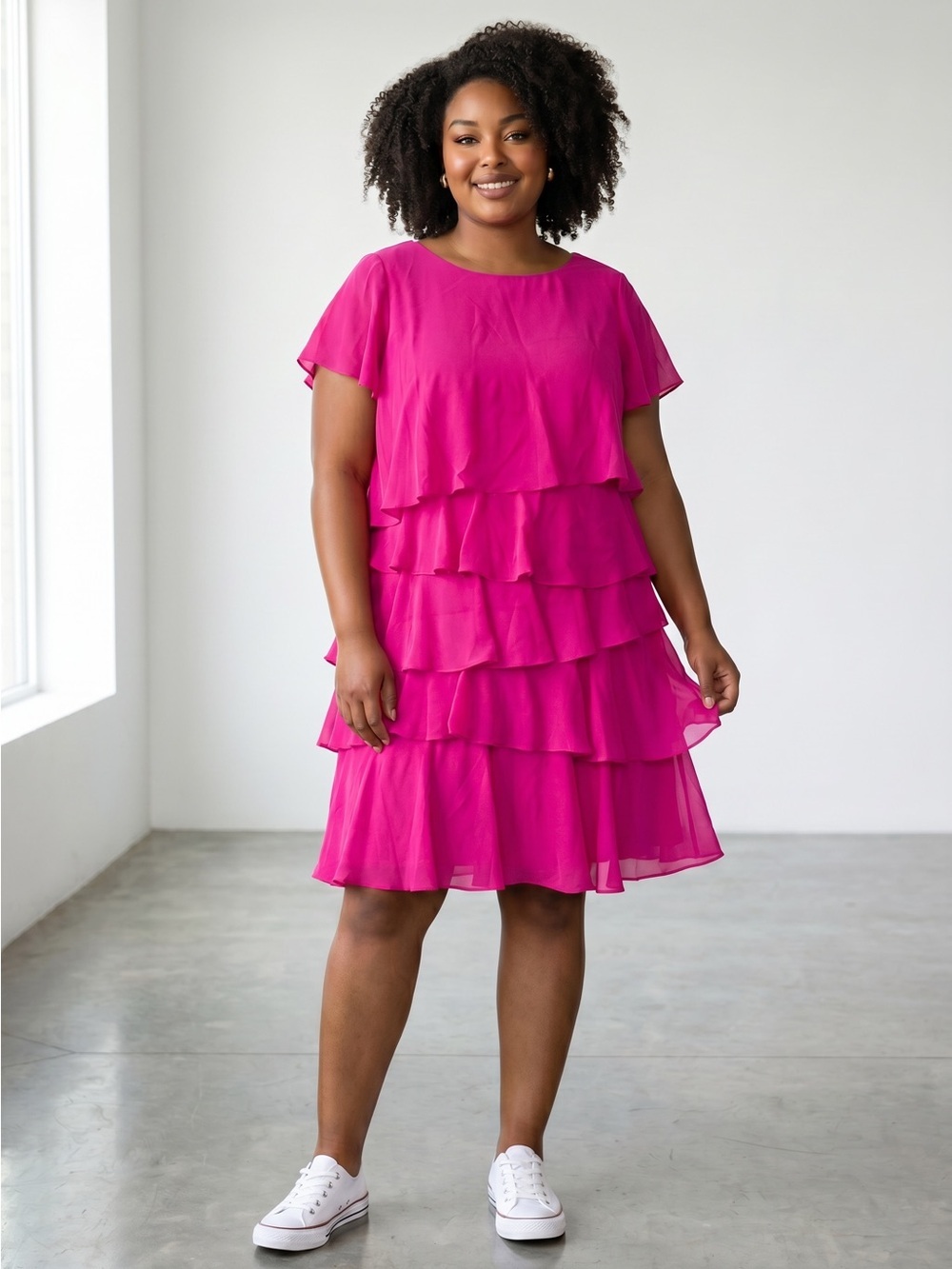 NWT New Jessica Howard Ruffle Sleeve Tiered Chiffon Mini Fuchsia Dress Size 18W